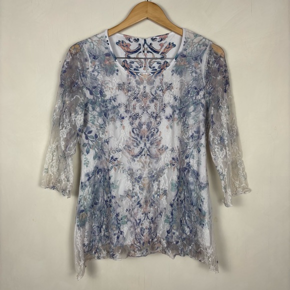 Sheer Lace Floral Damask Top Rhinestone Detail Boho Fairy Grunge Y2K Style - Picture 2 of 9